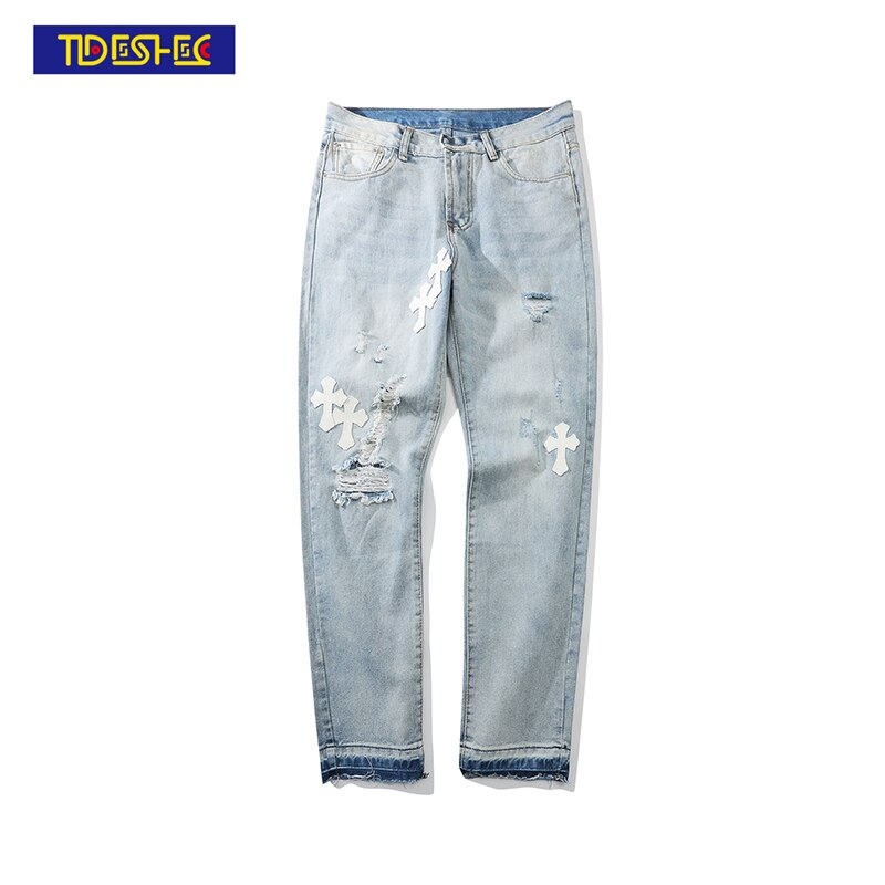 Tideshec Ripped Jeans Spring and Autumn Cross Embroidery Jeans Blue Straight Slim Jeans Streetwear Men Clothing Loose Jeans