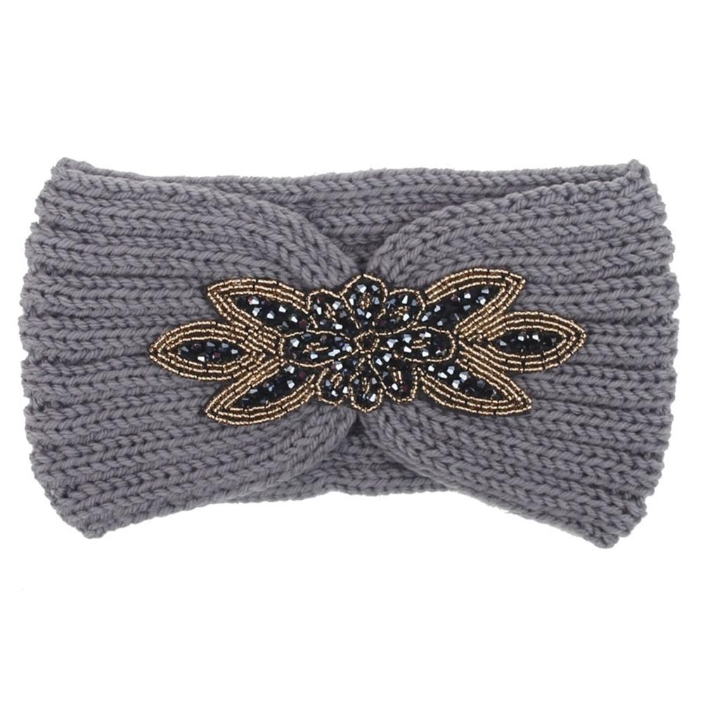 Winter Warmer Oor Gebreide Hoofdband Boog Strass Hoofddeksels Voor Vrouwen Meisjes Europese Effen Tulband Brede Haarband: Light grey