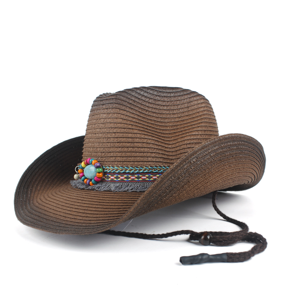 Chapeau de Cowboy occidental pour femmes, paille d&#39;été, style bohème, pour plage, Cowboy Jazz, taille 57-59CM: Dark Coffee