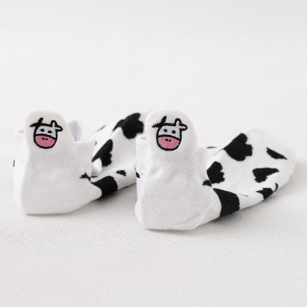 Embroidery Cow Pattern Women Socks Lovely Harajuku Japanese Style Cotton Striped Solid Breathable Casual Cartoon Ankle Sock: 02 Cow Pattern