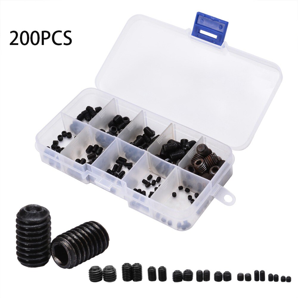 200Pcs Schwarz Set Schraube M3 M4 M5 M6 M8 M10 Carbon Legierung Stahl Headless Hex Buchse Grub Schraube