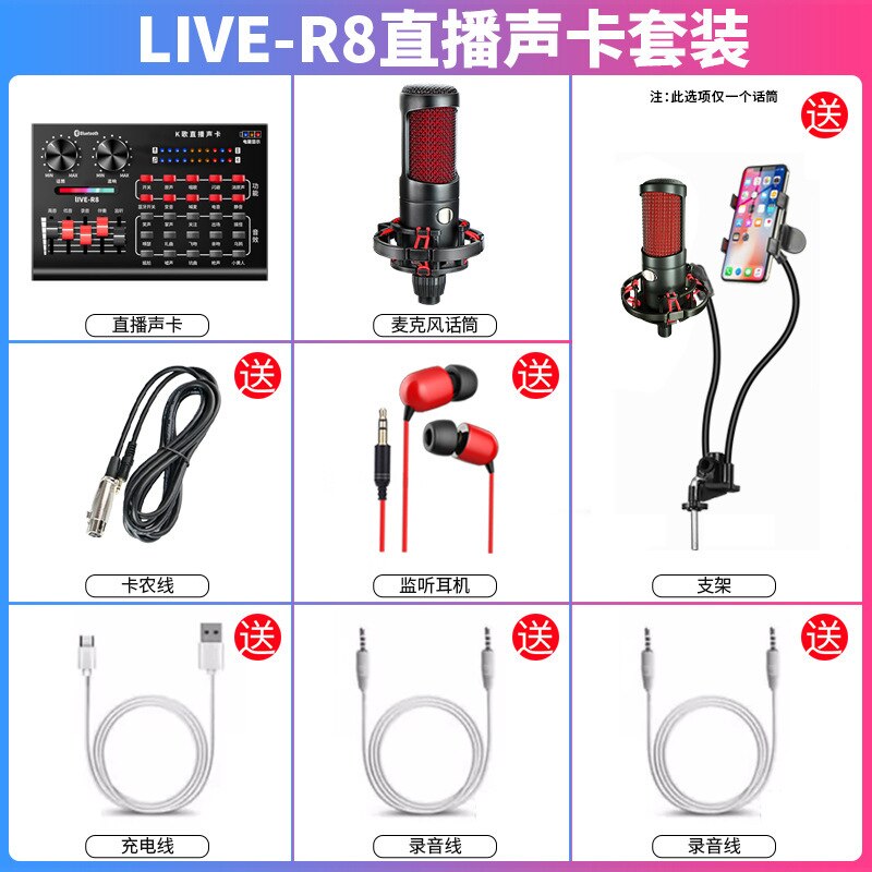 R8 Dal Vivo Scheda Audio Set di Ancoraggio Canto Attrezzature Mobile Del Telefono Voce Microfono Del Computer Microfono per Tutti I K Canzone Utile Del Prodotto: Package 1  V8 Sound Card   Barley Head   Headset   MV Holder