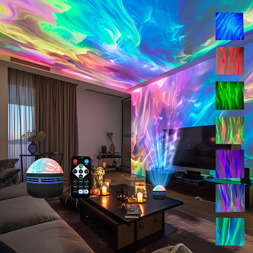 Proyector Aurora con efecto ondulado de agua, luz LED nocturna que cambia de 7 colores, Control remoto por USB para decoración de en el techo