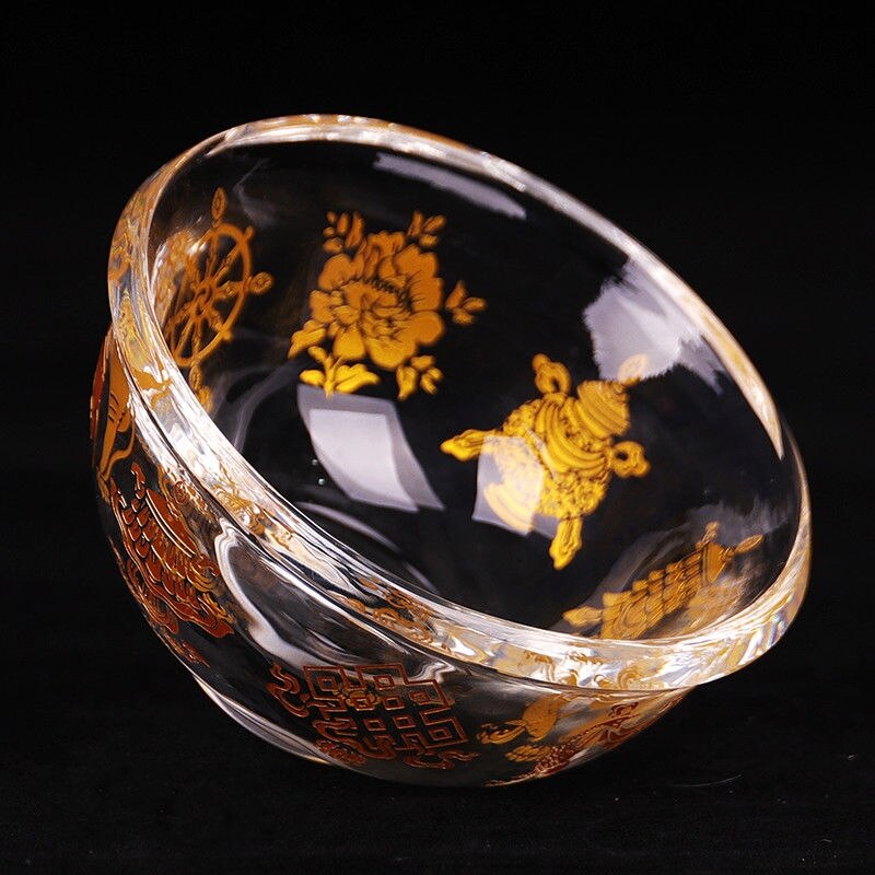 Offering Water Bowl Cup Tibetan Buddhist Mikky 8 Symbol Vessel Glass Blessed