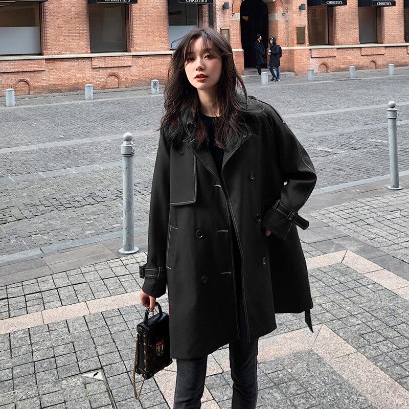 FTLZZ Autumn Winter Female Trench Turn-down Collar Double Breasted Coat Vintage Belt Solid Trench Outwear