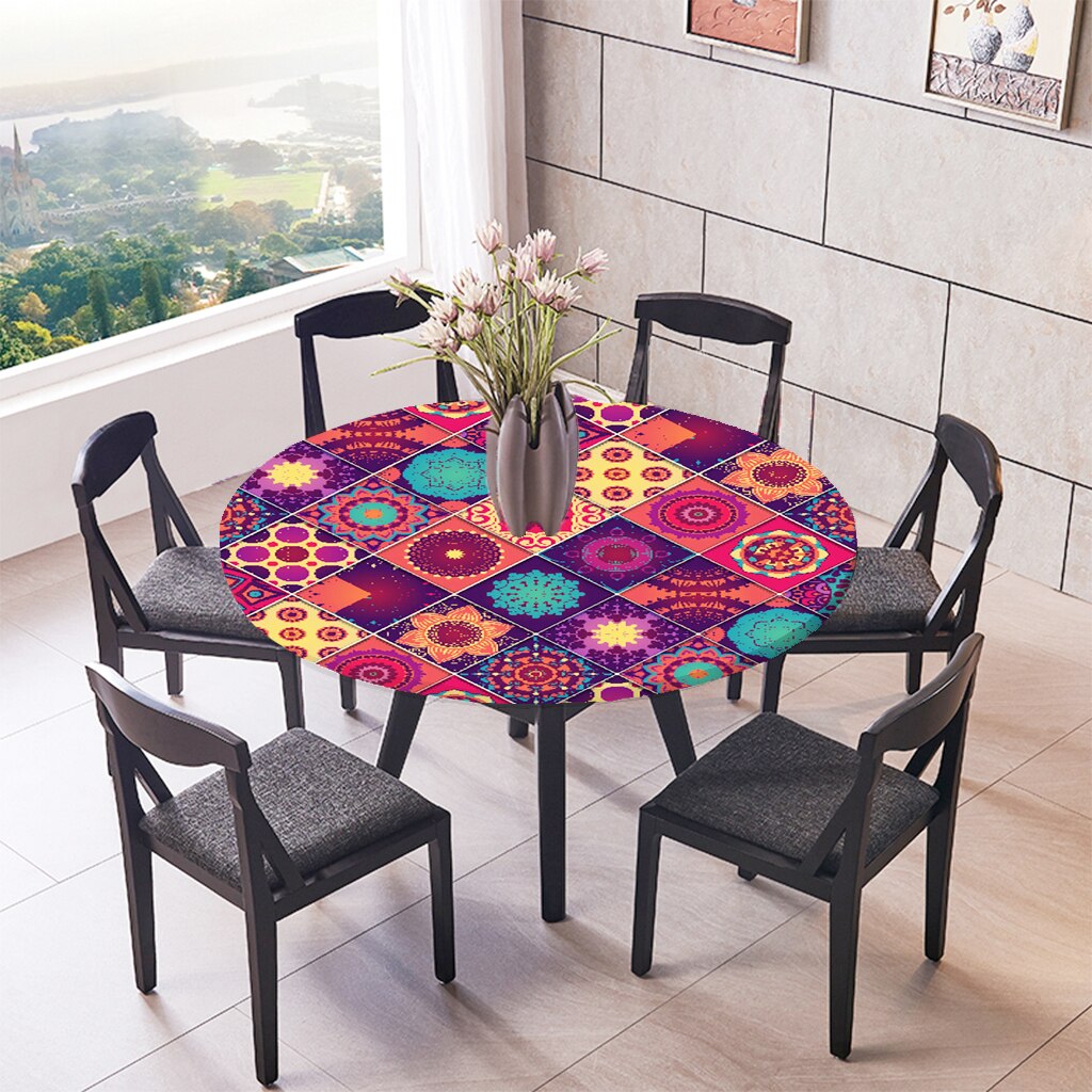 Elastic Edged Waterproof Backed Fitted Table Cover Tablecloths Kitchen Decor, Fits 47 inch Round Tables: Flower 1.2m