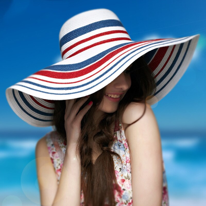 Sombrero de paja para el sol para mujer, gorra de playa con protección solar UV, a rayas red y white,informal