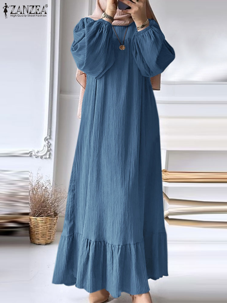 ZANZEA Abaya de Turquía para mujer, Vestido largo de manga larga, Túnica Eid Mubarek, caftán: L / Azul