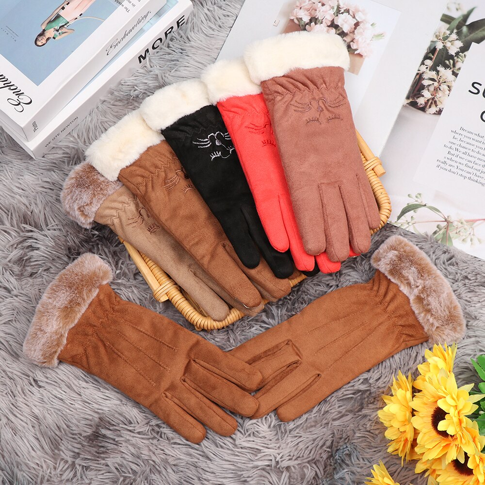 Nuevos guantes de invierno de dedos completos para mujeres mantener el calor lindo peludo guantes de deporte al aire libre más guantes de pantalla táctil de terciopelo