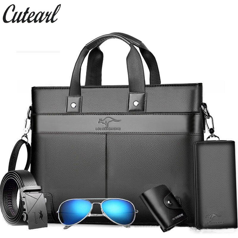 Portable Work Business Office Male Messenger Bag 5pcs/lot Soft Leather Briefcase Laptop Bags Casual Men 2 Set Handbag