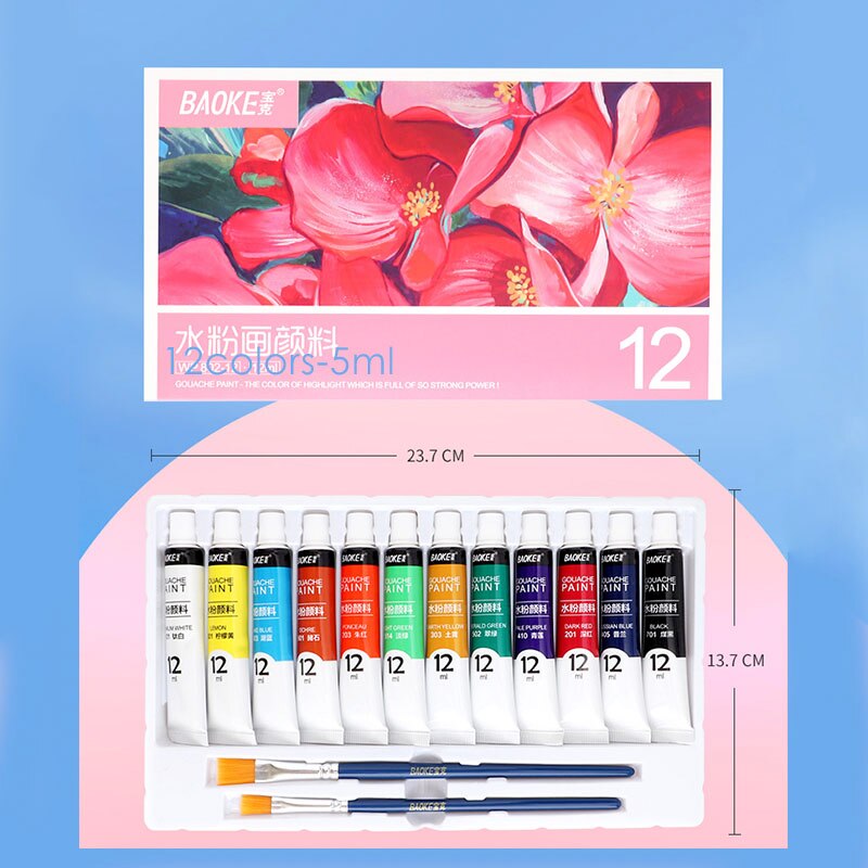 Baoke Gouache Pigment 12/18/24 Kleur 5Ml Beginner Handgeschilderde Aquarel Verf Set Omvat Borstel Kinderen Art schilderen: 12colors-5ml