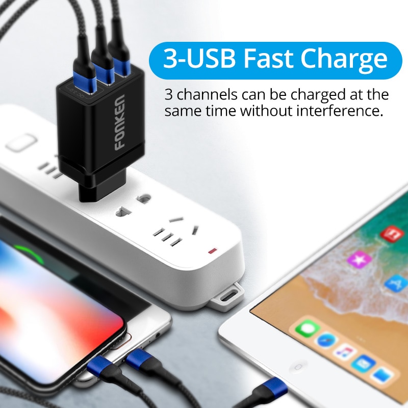 FONKEN USB Charger Quick Charge 3.0 Fast Charger 3 Port QC3.0 QC2.0 Charging for Phone Mobile Tablet Multi Wall Adapter