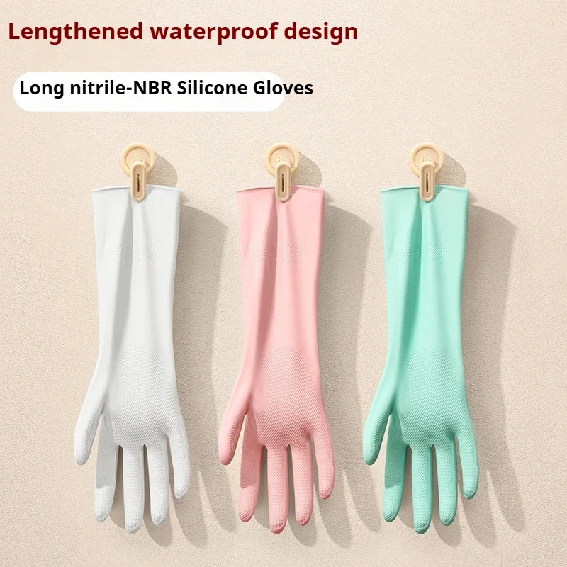 Guantes para lavar platos NBR, Extra largos, gruesos, antideslizantes, resistentes al desgaste, cocina, limpieza del hogar, lavado de coches, ropa, guantes de goma, 1 par