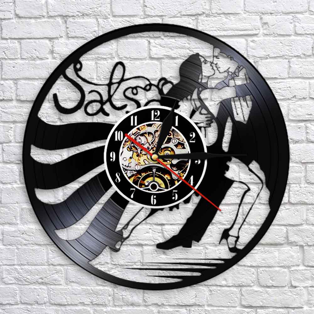 Vintage Latin Salsa danse mur Art horloge danse Couple Silhouette vinyle Record horloge murale Latin salon danse Studio applique