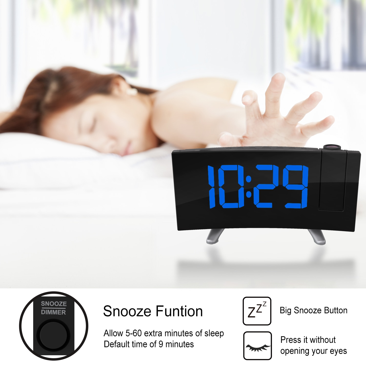 Digital projektor radio väckarklocka snooze timer led display bred böjd skärm usb laddning 180 grader bord vägg fm radio klocka