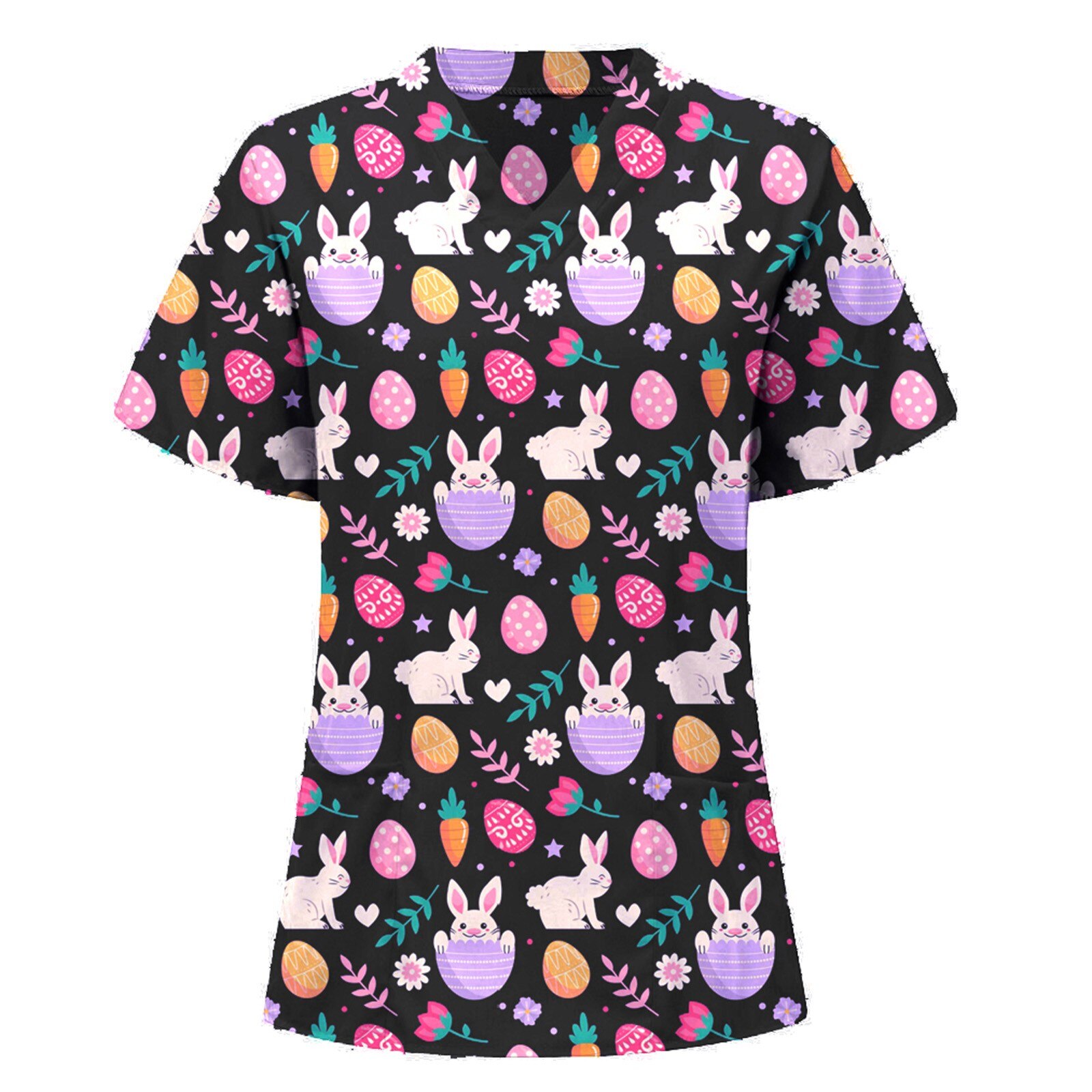 Easter Day Scrubs Tops For Women Short Sleeve V-neck Rabbit Pattern Tops Nursing Uniform Health Workers Workwear: Black / XXXL