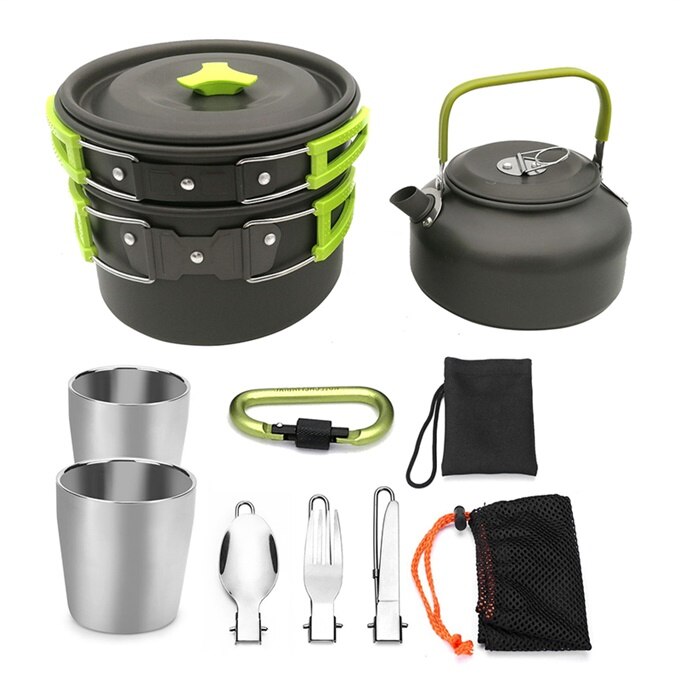 Utomhus servis camping koppar camping redskap bärbar camping köksredskap vandringsgryta picknick set turism utomhus tekanna pan set: Grön