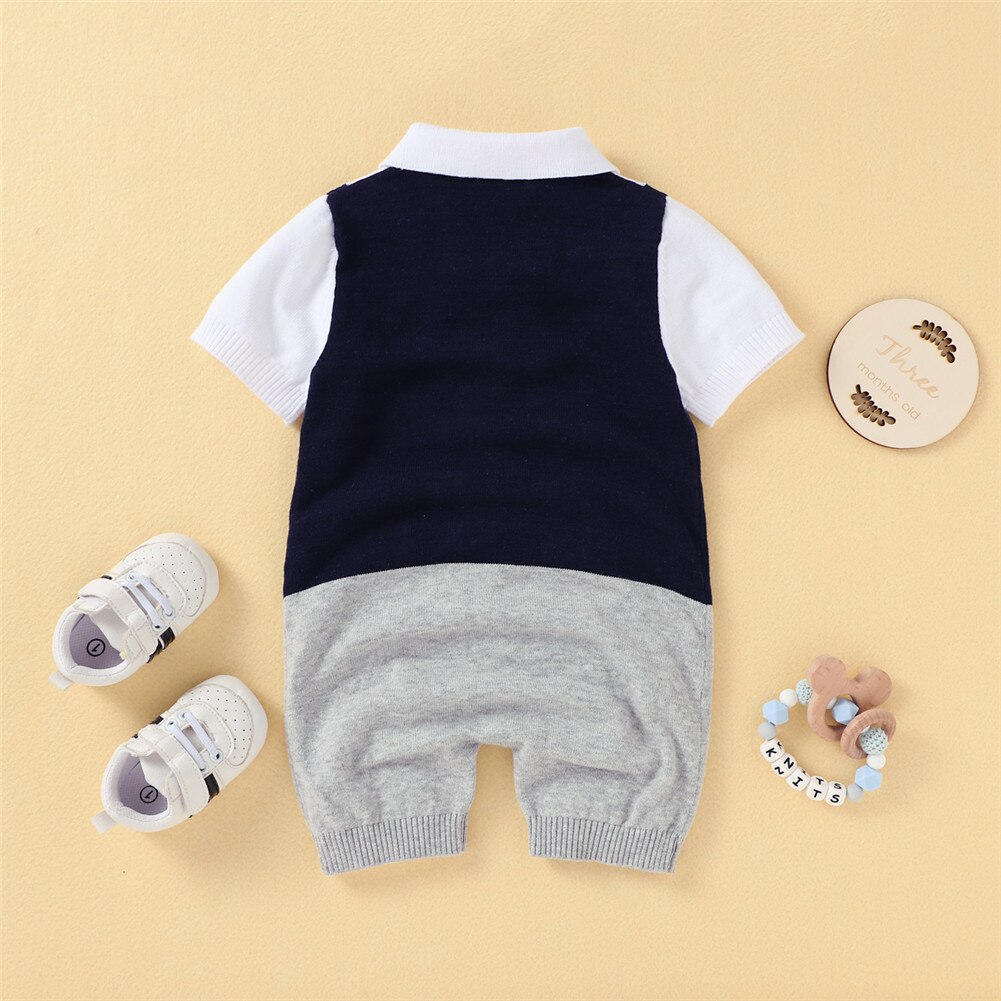 Infant Baby Boys Bow Tie Retro Romper Cotton Short Sleeve Button-Down Folded Patchwork Knitted Patchwork British Style Jumpsuit