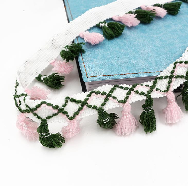 1 yard/lot kwastjes franjes katoenen kant rand kleding naai accessoires gordijn lint naai kant stof voor doe-het-zelf knutsel kleding: Lichtroze diepgroen