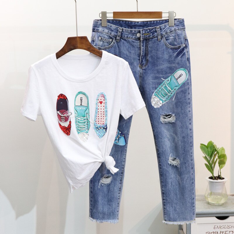 Summer Women T Shirts Denim Pant Suits Beading Sequined Shoes Pattern Tshirt + Hole Tassel Calf-Length Trousers Sets: White / XL