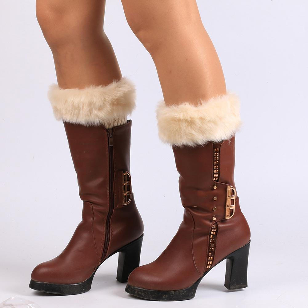 Winter Women Solid Color Faux Fur Cuff Crochet Knit Boots Sock Short Leg Warmers