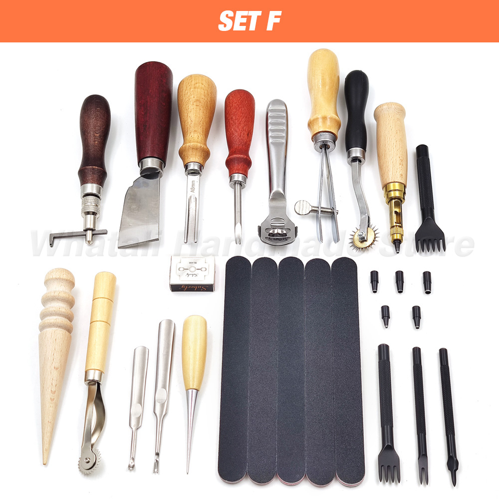 Leathercraft Tool Set Kits Pine Wood Hand Stitching Clamp Leather Punching Carving Saddle Groover Tools Storage Leathercraft DIY: SET F