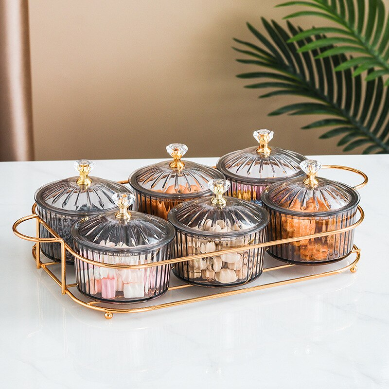 Platos de postre, bandeja de Metal para decoración con tapa, platos redondos de frutas secas, bandejas para servir alimentos con cubierta, Bol de frutas y aperitivos: Gray 6 grid