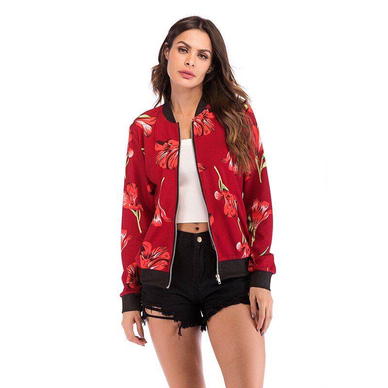 spring Women Jackets Outerwear Flower Floral Print Ladies Zipper Up Short Thin Slim Bomber Jacket Coats Basic Casual: Red / L