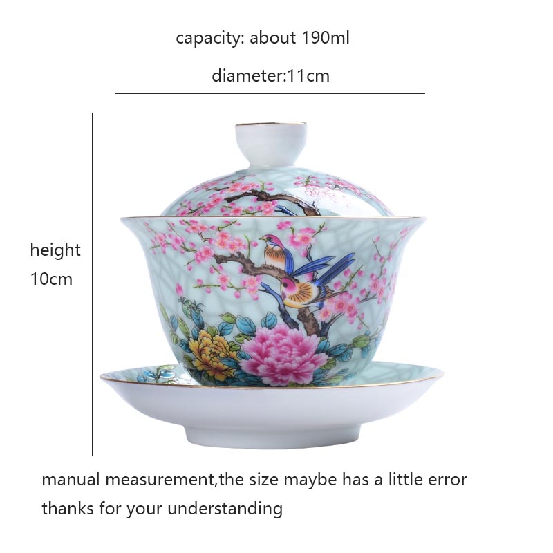 190 Ml Jingdezhen Gaiwan Keramische Porselein Bloem Vogel Patroon Art Thee Kom Met Schotel Deksel Kit Master Thee Terrine Drinkware