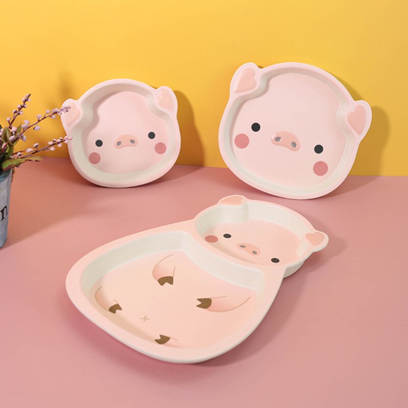 Kids bamboo fiber tableware children's dinner plate set pig shape plate baby feeding cute cartoon animal anti-fall bowl plate