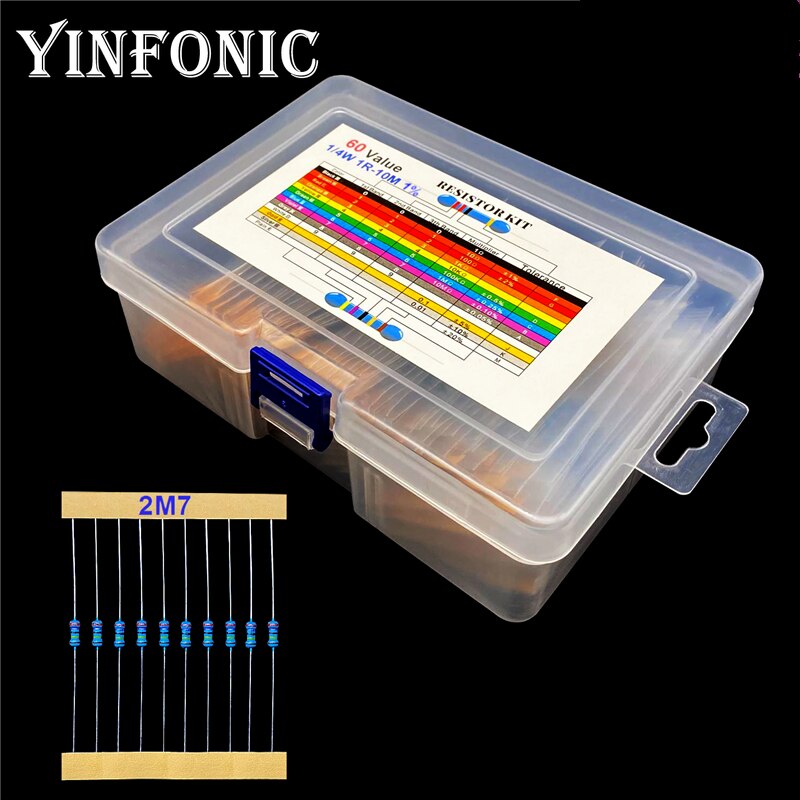 60 Values 1/4W 1% metal film resistors 5-Band-Code 1R-10M each 10 pieces Total 600 pieces Resistor Kit With Box