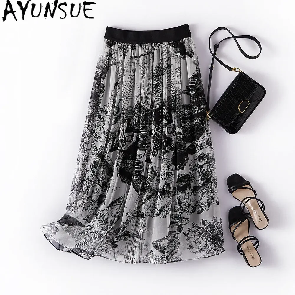 95%  ægte silke nederdele til kvinder med mulberry sommerfarvet blækmaling nederdel a-linje slanke nederdele dametøj dametøj