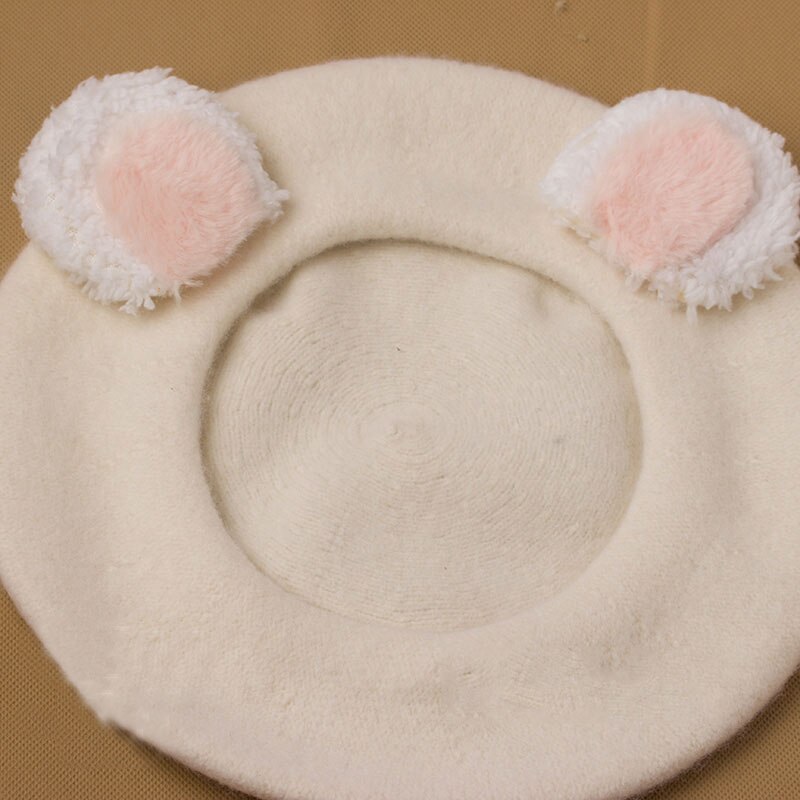 Lovely Lolita Bear Ear Berets Cute Female Wool Berets for Winter: beige 1