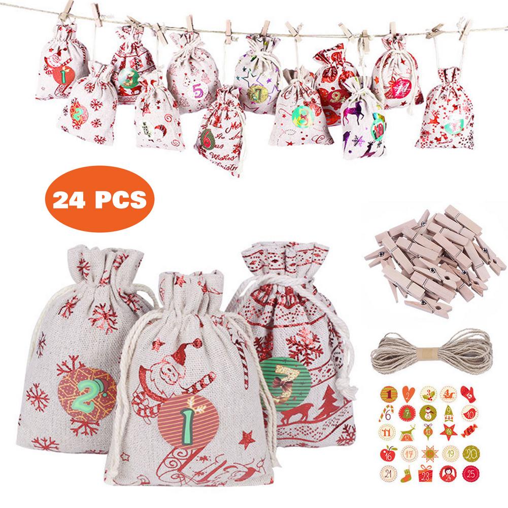 Bolsa de dulces con cuenta regresiva para Navidad, bolsillos reutilizables duraderos, de algodón y lino con estampado en , juego de bolsas de de Navidad, 24 piezas