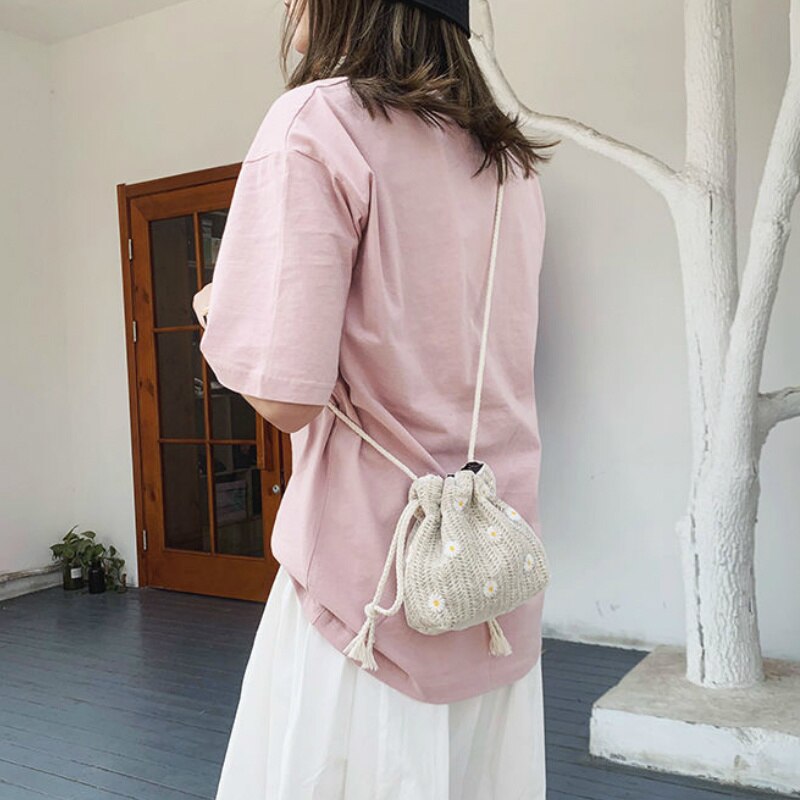 Sacos de cordão feminino de malha floral lazer mini retro simples moda all-match chique estilo coreano balde doce meninas verão novo