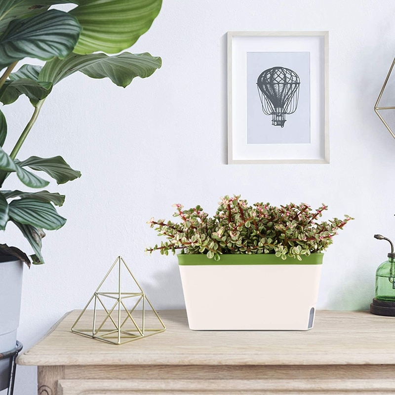 Self Watering Planter Pot Rectangle 10.5 Inch Set of 3, Plastic Plant Pot with Visual Water Level Window Green