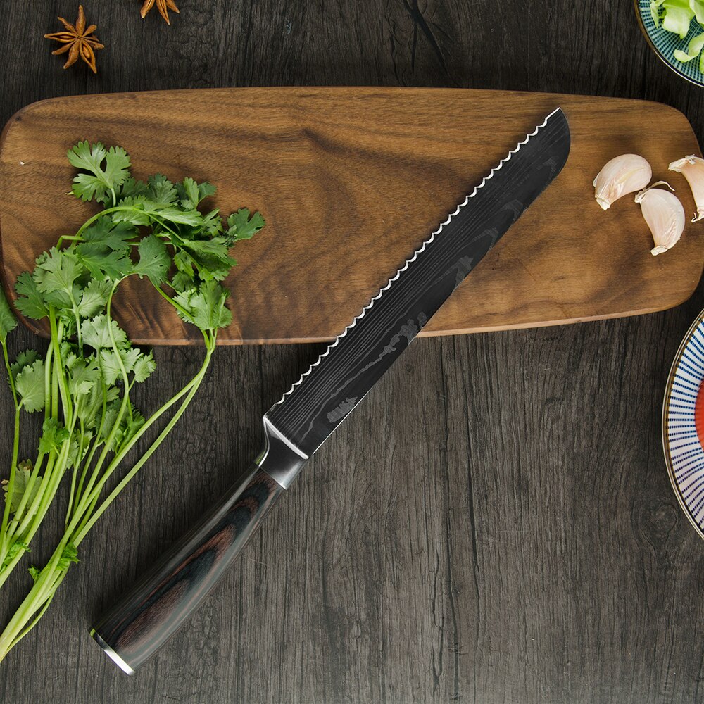 MYVI 8 Inch Bread Knife 7Cr17 Stainless Steel Good Kitchen Serrated Bread Knives With Color Wood Handle PP Knife Cover