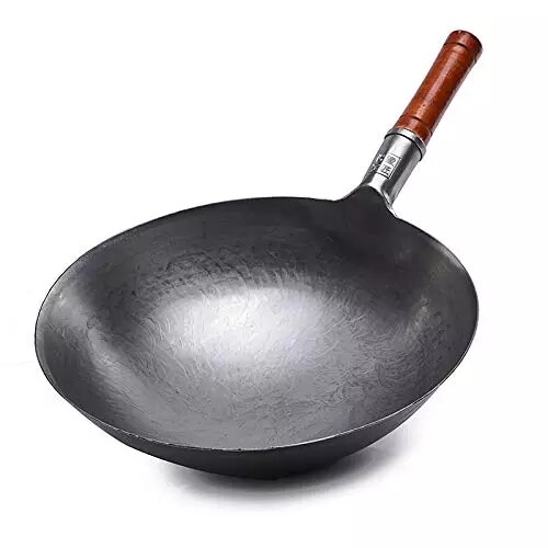 32cm Carbon Steel Wok, Profession Chinese Traditional Hand Hammered Carbon Steel Pow Wok with Wooden Handle and Steel Helper: Default Title