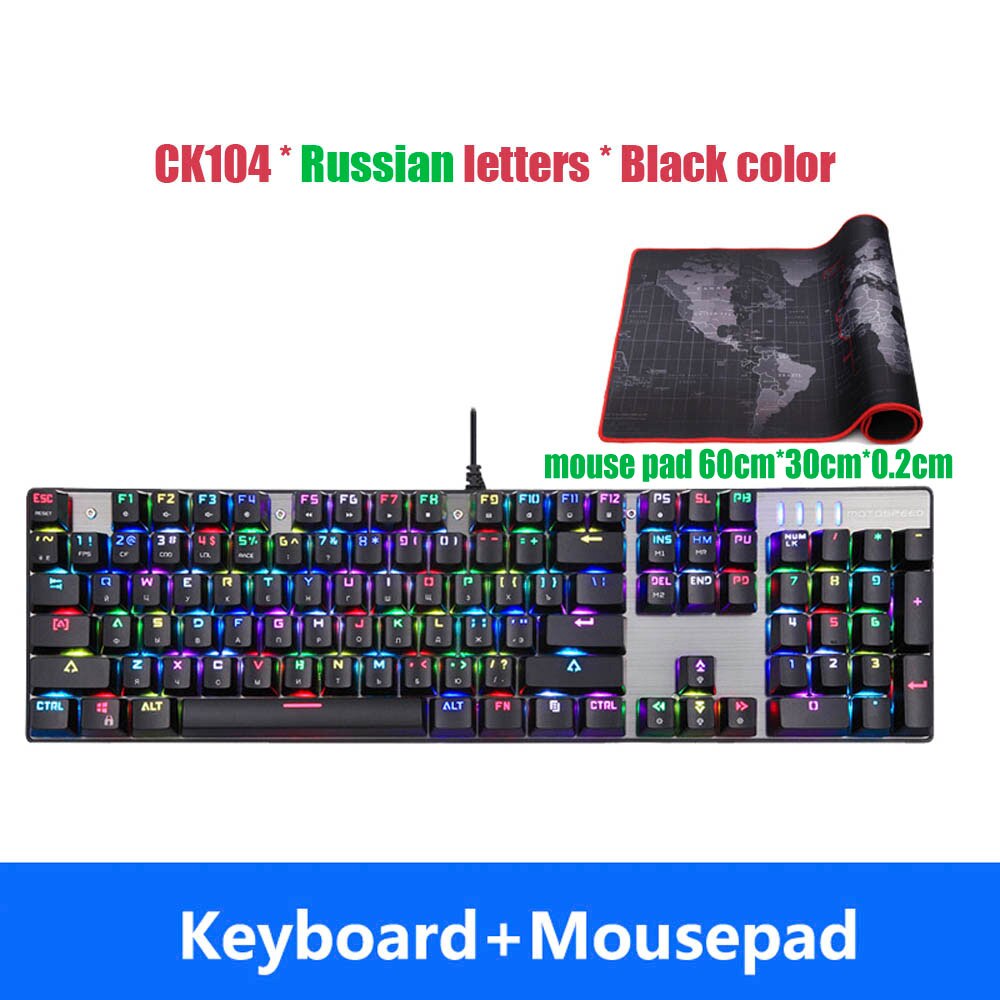 Original Motospeed CK104 Gaming Mechanical keyboard Wired Metal Red Switch Blue Russian English LED Backlit RGB gamer Computer: Black Russian pad / Blue Switch