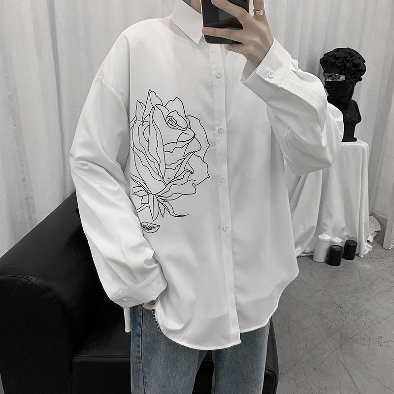 Homme chemises imprimé Simple tourner vers le bas col Simple boutonnage décontracté ample hauts pour hommes stylé tout-match Ulzzang Chic Streetwear homme