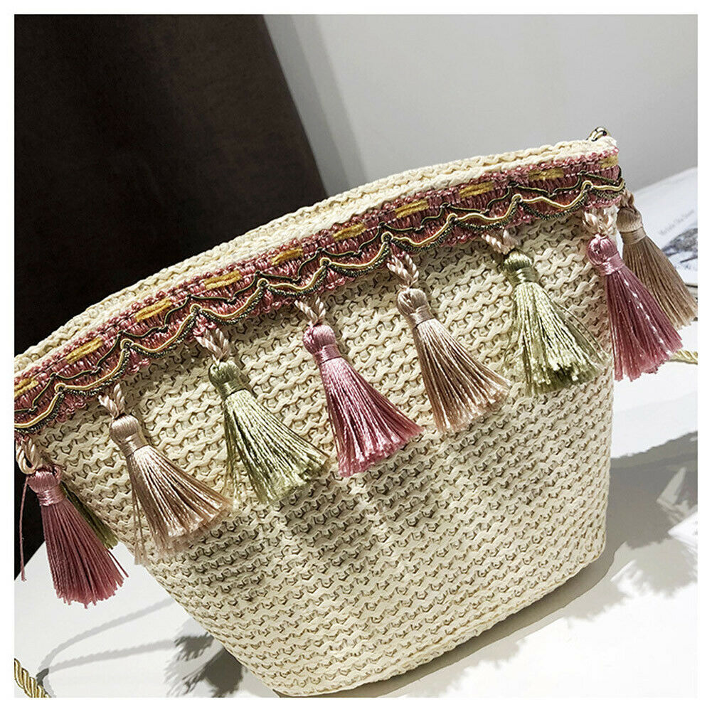 Bolso cruzado de paja de mujer a la , bolso informal pequeño de hombro con borlas, bolso de playa de verano, bolso de ratán con solapa para mujer