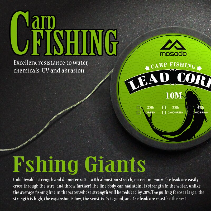 Mosodo 10M Carp Fishing Leader Line Leadcore Camo Green Lead Core 25LB 35LB 45LB Hair Rigs 12 Strand Braided Wires 10 Meters