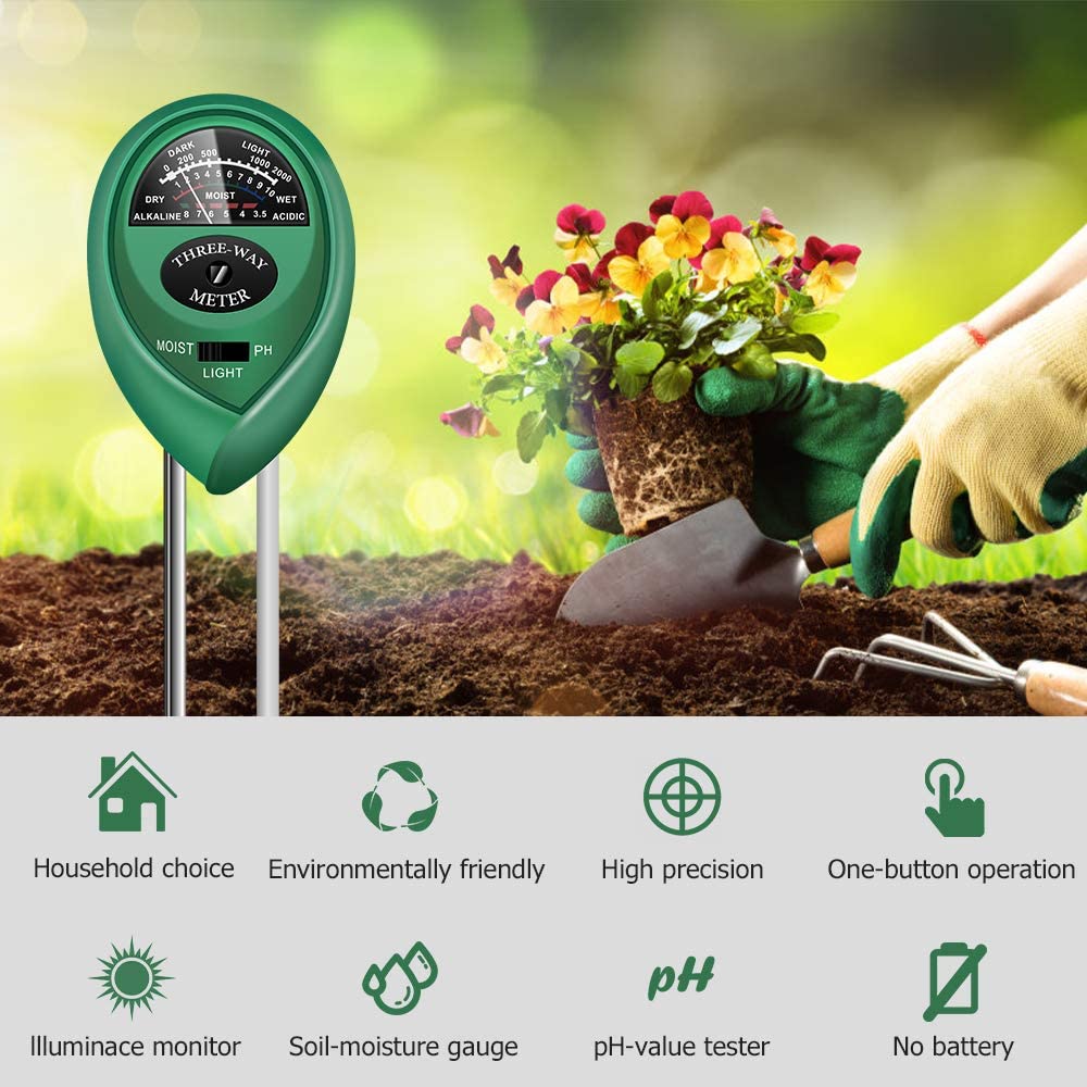 3 In 1 Digital PH Meter Soil Moisture Monitor Temperature Sunlight Tester For Gardening Plants Farming With Blacklight