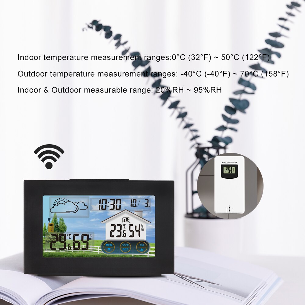 FanJu-estación meteorológica Digital, reloj despertador con pantalla táctil, medidor de temperatura y humedad, escritorio de mesa, Sensor inalámbrico para exteriores