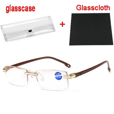 Anti-blauw licht montuurloze bril high-end diamantvormige bril man vrouw leesbril +1.0 to +4.0 met glasdoek: 350 / Bruinen