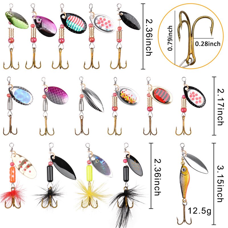46 Teile/los Löffel angeln Spinner köder 3g-12,5g Rotierenden Metall pailletten Vorrichtungen haken Künstliche Köder für Forelle Bass Angeln locken