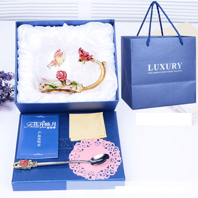 Tasse à café thé verre à fleurs et strass | Émail décoré tasse à café tasse à thé, verre gobelets à lait, tasses et tasses à poignée en alliage: A09