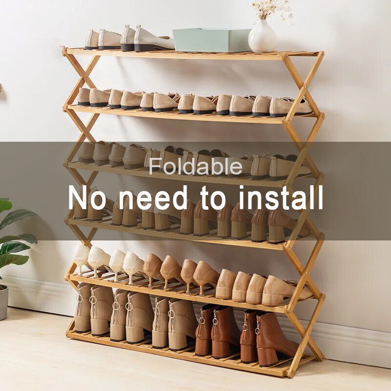 Shoe Rack Folding Multi-layer 3/4/5 Shoe Box Shelf Installation Free Shoe Cabinet Log Door Storage Rack Bamboo Shoe Cabinet