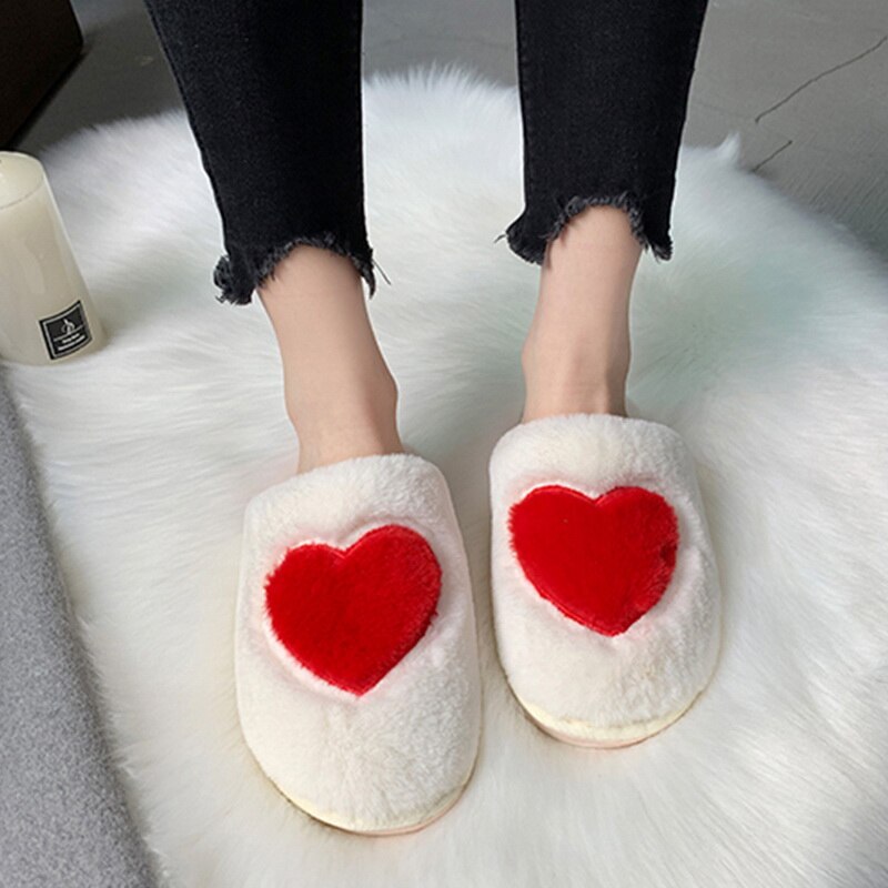 Cute Women Slippers Love Heart Cotton Winter Fur Slides Ladies Home Furry Slippers Warm House Indoor Non-slip Shoes