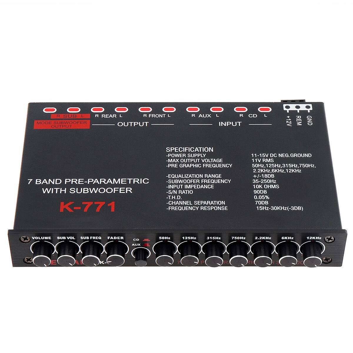 Égaliseur Audio de voiture à 7 bandes, fréquence d&#39;égaliseur réglable, entrée RCA pour appareils portables + sortie Subwoofer